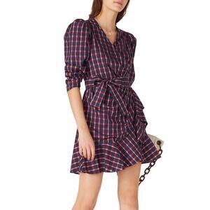 Tanya Taylor Plaid Lexi Wrap Mini dress blue pink  - 8